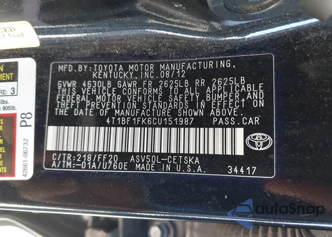 2012 Toyota Camry Se/Le/Xle from USA, damaged, VIN 4T1BF1FK6CU151987